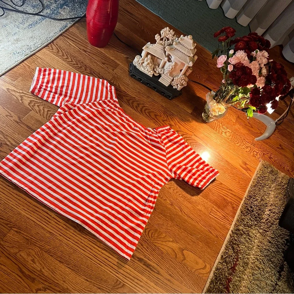 J. Crew Red & White Striped Off the Shoulder Top w/ Tie Front Sz Medium - Picture 6 of 10